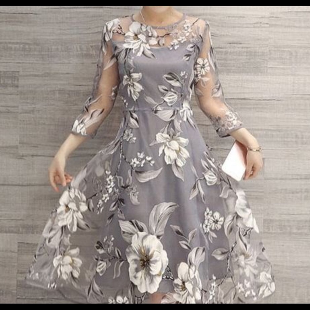 Grey floral organza with black and white blossoms